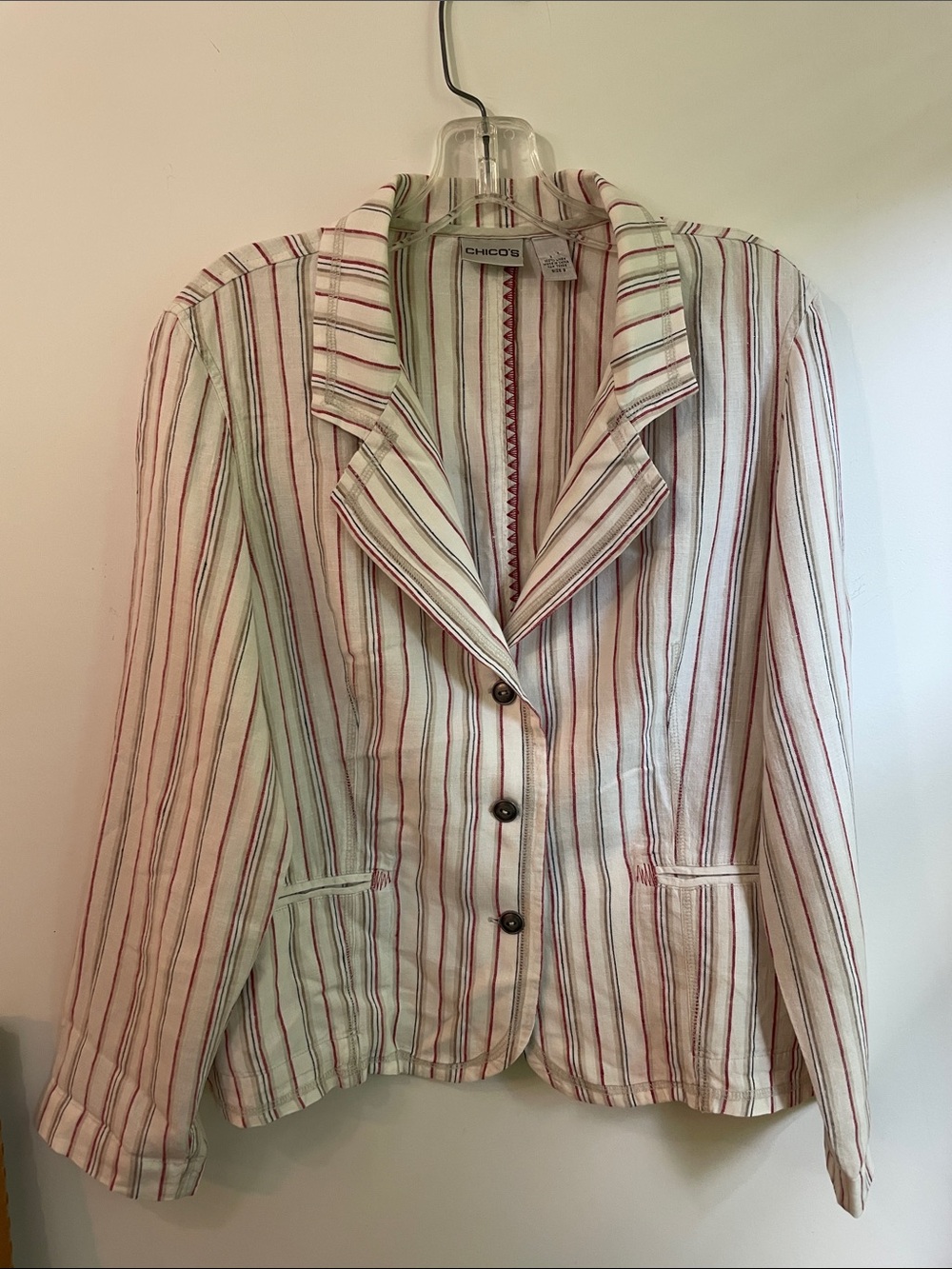 Chico's Striped Cream Button Front Notched Collar 100% Linen Blazer Size 2 Large